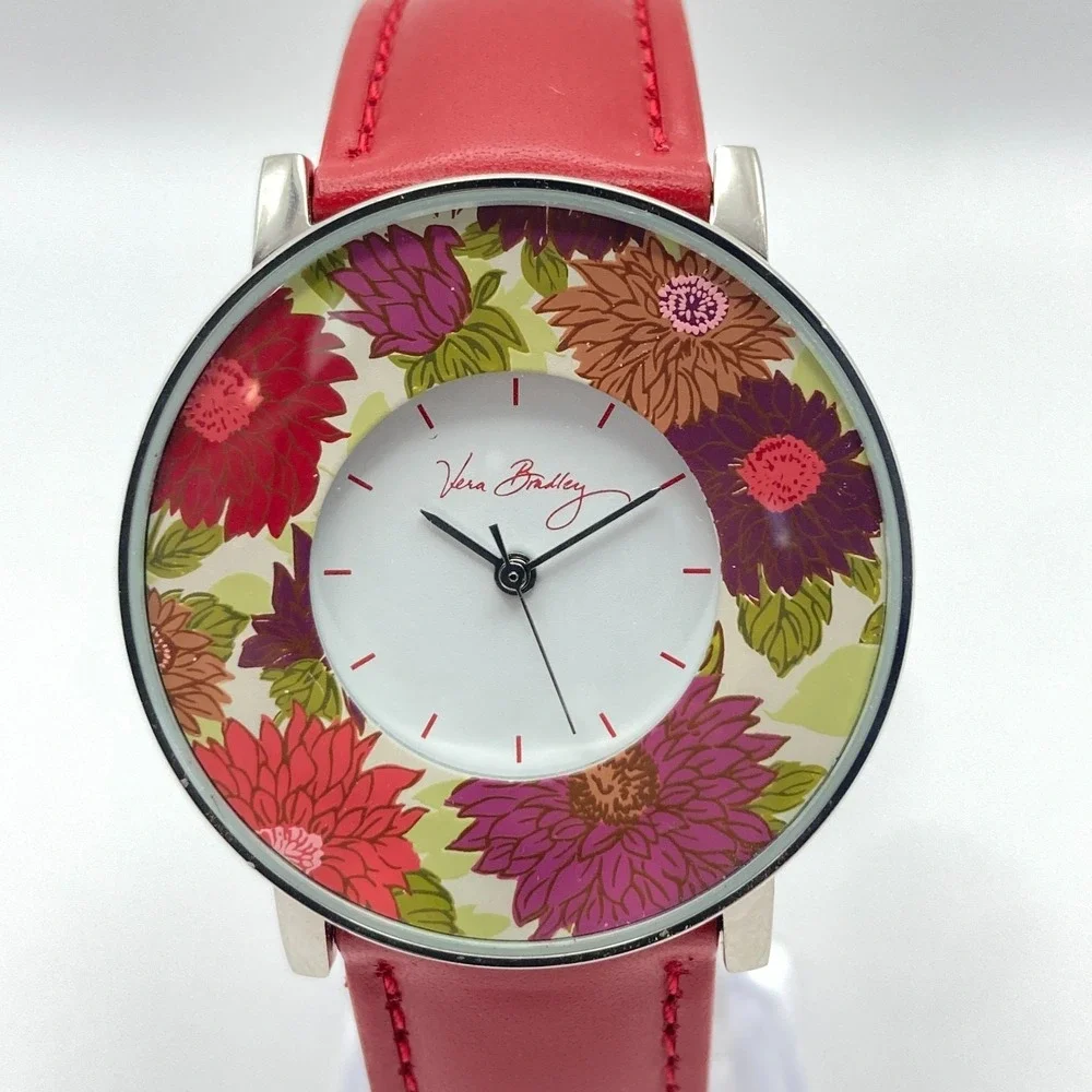 Vera Bradley Women's Watch Silver Tone 35mm Red Floral Bezel New Battery 8.5